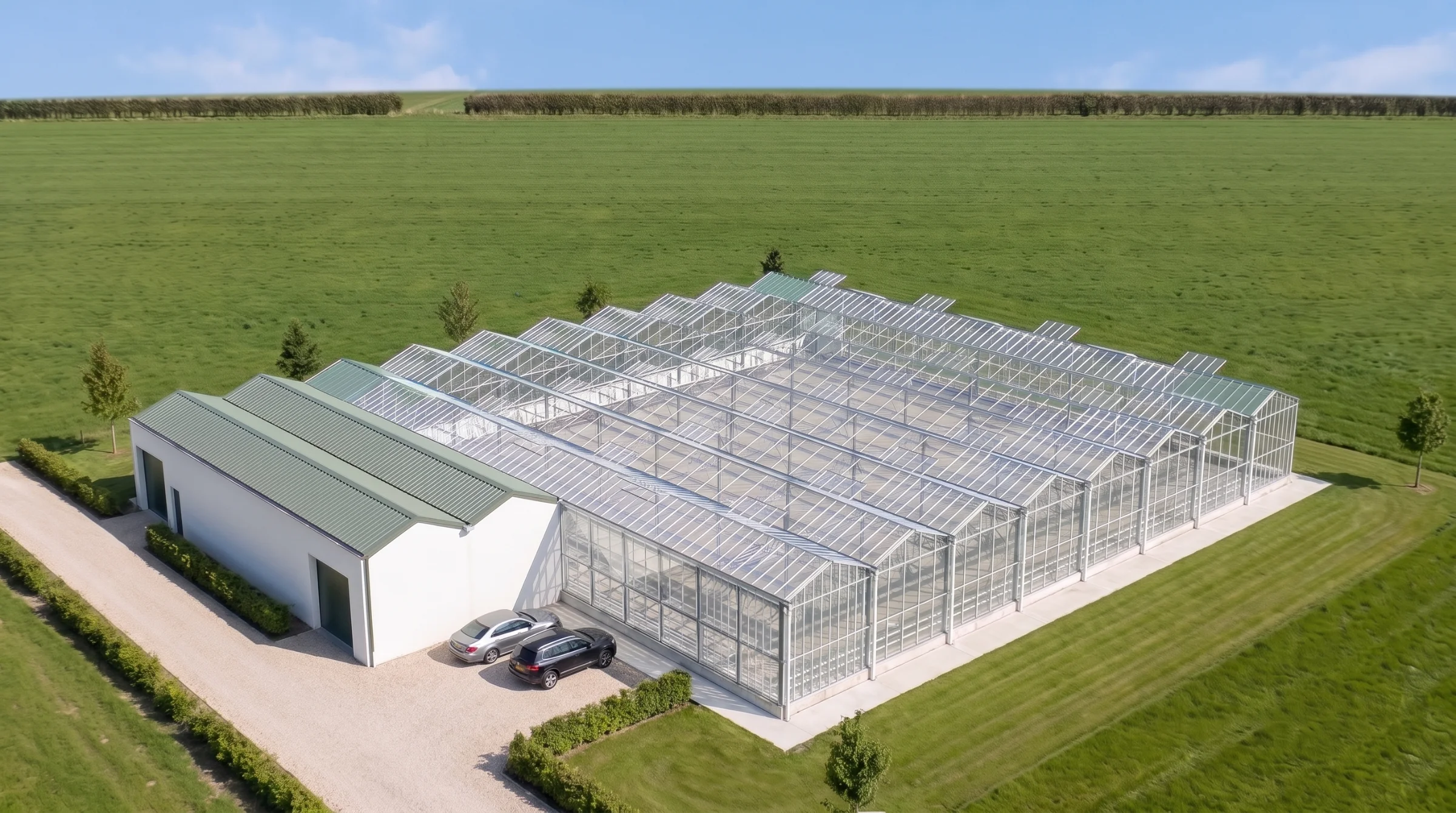 3D-Modell des GrowPro Basic 1/4-Acre-Gewächshauses mit Servicegebäude