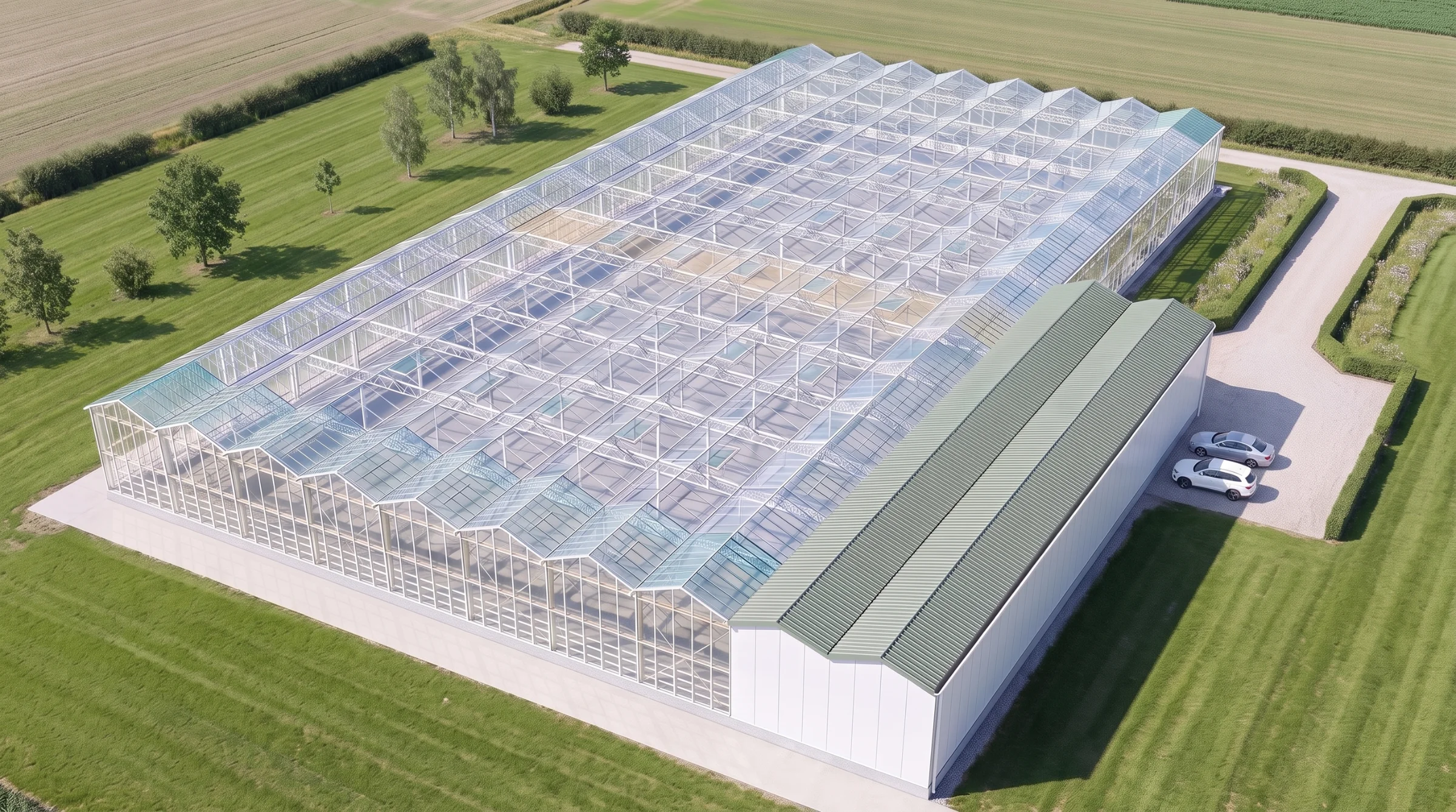 3D model of the GrowPro Basic 1/2 acre greenhouse with service building
