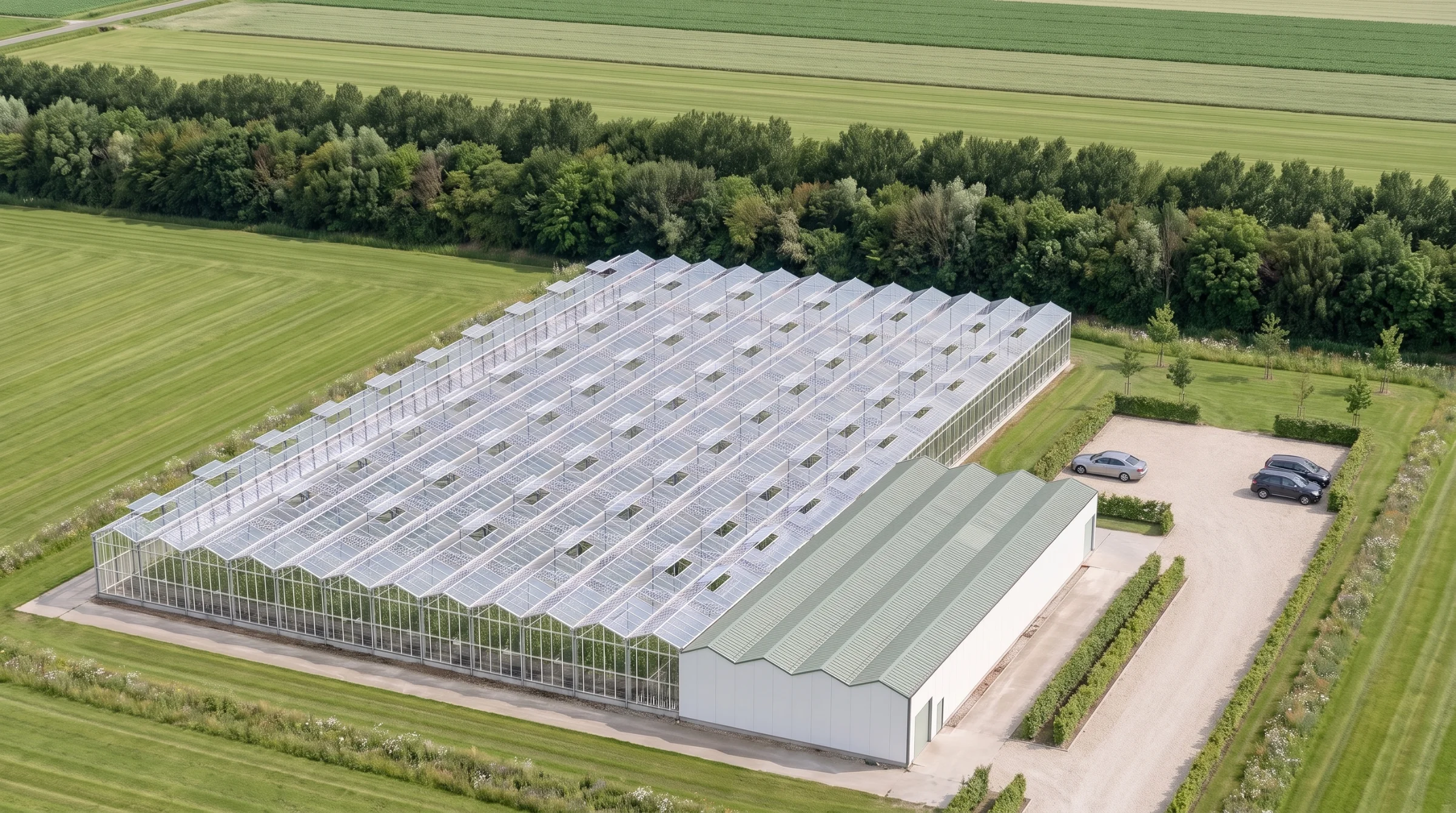 Hydroponic cultivation on hanging gutters inside a GrowPro Expert greenhouse