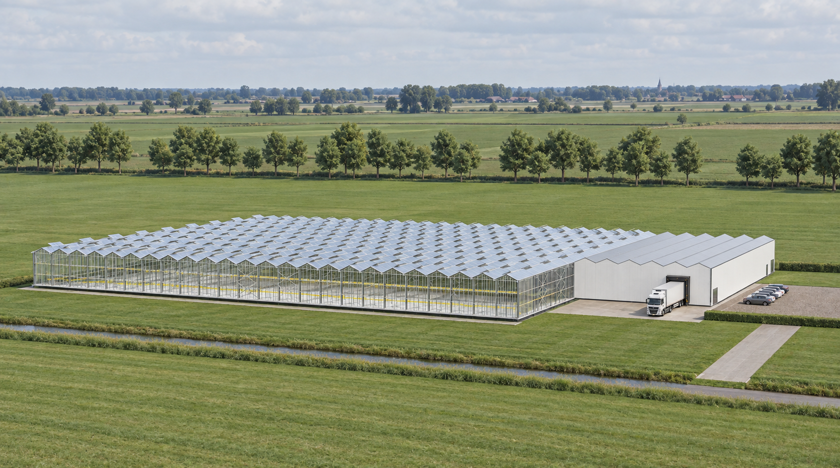 GrowPro Plus 2 Acre greenhouse with service building and refrigerated trailer at the loading dock, visualisation
