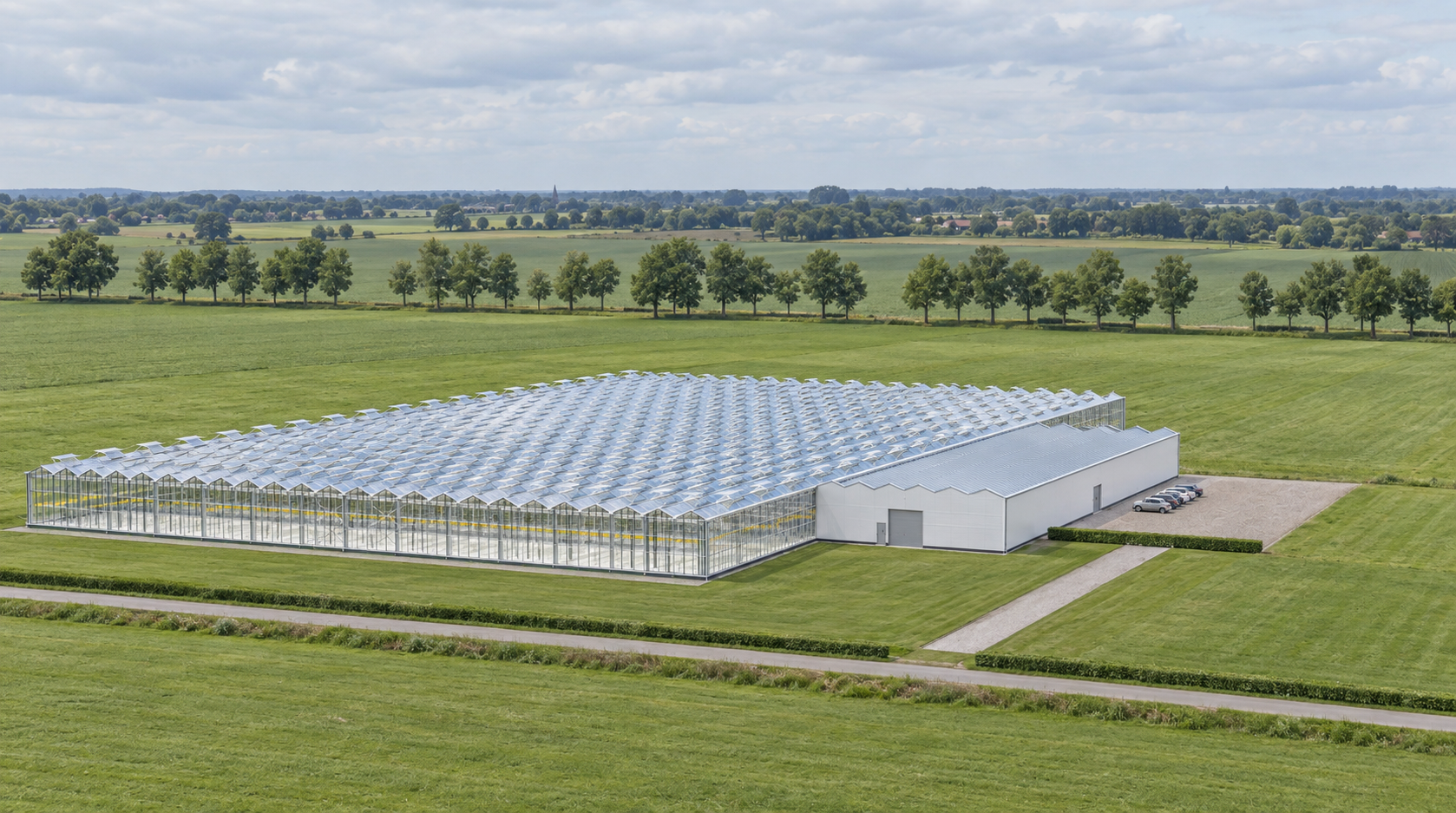 GrowPro Plus 4 Acre greenhouse — 96 m Venlo glasshouse at 6 m gutter with attached service building, visualisation